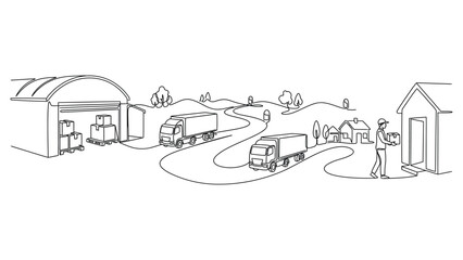 Naklejka premium A line drawing of trucks driving on a rural road.