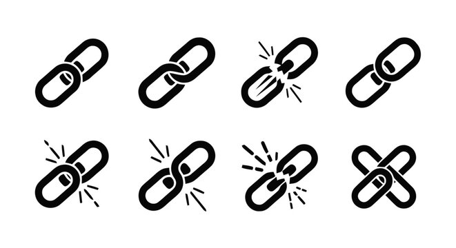 Vector illustration of set of broken and linked chain icons, vector illustration on a transparent background
