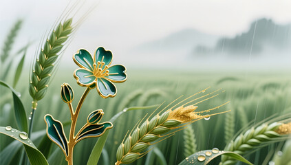 Fototapeta premium Oriental Enamel Style Xiaoman Wheat Field and Herbs