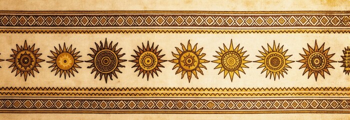 Fototapeta premium Golden suns in row on striped fabric background. Warm yellow and brown ethnic ornament detail. Textured textile pattern with ancient sun symbols. Simple sun motifs repeat across fabric.