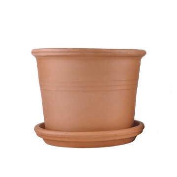 empty terracotta flower pot with a saucer isolated on transparent background.