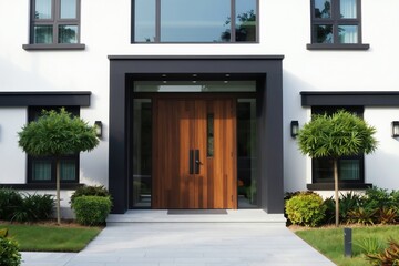 Fototapeta premium Modern wooden front door on white contemporary house exterior. Stylish entrance with black accent framing, glass windows, neat landscaping. Luxury home facade, private residence entry, comfortable