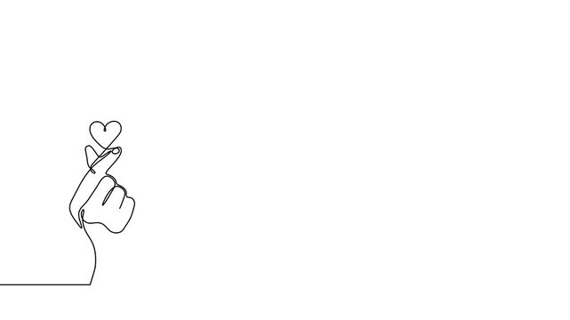 Continuous one line heart love hand korean finger icon care. Korean heart sign one line self valentine vector doodle symbol outline drawn art day drawing illustration print trend logo k gesture happy.