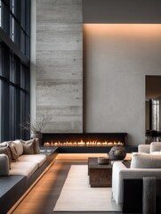 Fototapeta premium Modern Luxury Living Room with Linear Fireplace and Expansive Windows