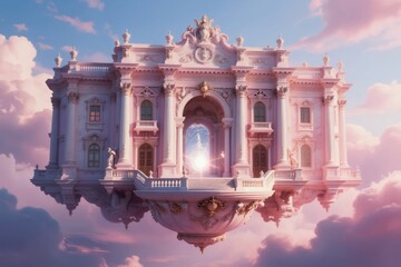 Obraz premium Pink marble palace floats high in sky among soft clouds. Elegant architecture with ornate details and grand archway. A majestic, dreamy fantasy castle.