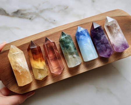 Assortment of colorful polished crystal points arranged on a wooden tray, representing healing and spiritual energy