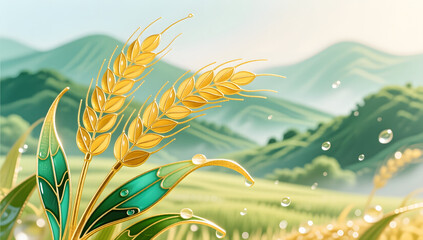 Fototapeta premium Xiaoman solar term golden wheat ears harvest vitality background