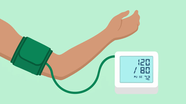 Blood pressure measurement with a digital monitor and arm cuff illustration