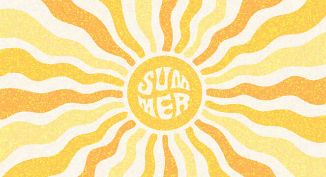 Abstract bright sun retro radial rays minimal summer horizontal poster, cover, banner, card with and modern typography. Summer holidays, journey, vacation travel illustration. Promo ads