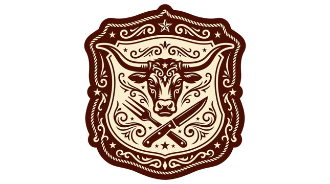 Longhorn steer head emblem with crossed cutlery, rustic western badge design