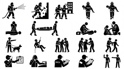Obraz premium Professional Rescue Silhouette Collection with Firefighters Paramedics CPR Emergency Response and Medical Evacuation Actions