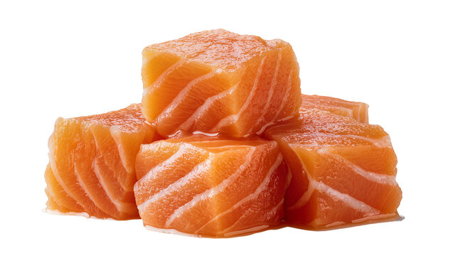 Fresh raw salmon cubes with white fat lines, isolated on transparent background