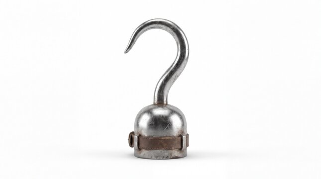 A realistic 3d render of a pirate hook with a metal cap and leather strap, isolated on white background