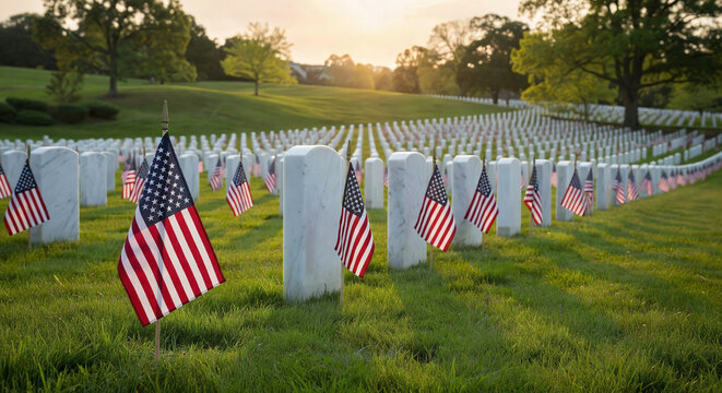 American flags at military cemetery graves on Memorial Day at golden hour