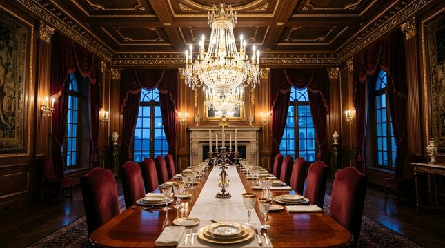 Elegant Grand Dining Hall with Luxurious Crystal Chandelier Lighting