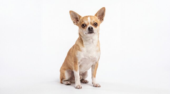 A small tan and white chihuahua dog sitting and looking at the camera, isolated on white background