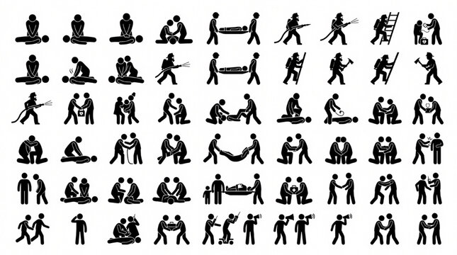 Emergency Response Silhouette Set Featuring Firefighter Paramedic CPR Rescue and Medical Evacuation Actions