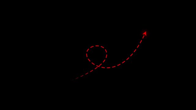 Red color arrow animation to indicate an object, wavy dashed path with glowing arrowhead on black background for target highlighting 4k loop.