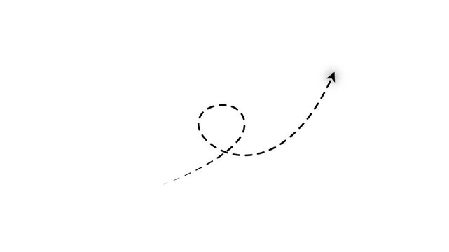 Long dotted line arrow animation to indicate an object, wavy dashed path with glowing arrowhead on white background for target highlighting 4k loop.