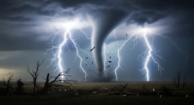 Powerful funnel cloud tornado swirls amid violent lightning strikes in dark storm