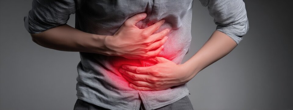 Person clutching abdomen in pain, highlighting severe stomach ache and digestive discomfort