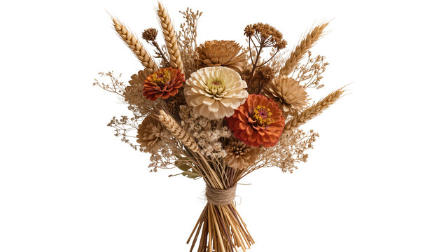 Rustic dried flower bouquet with wheat stalks, isolated on transparent background