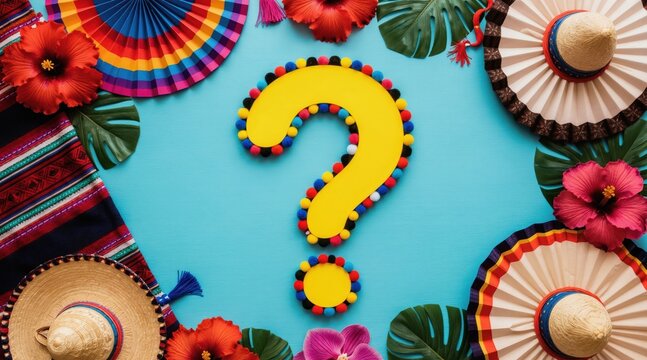 Colorful Hispanic party items surround a bright yellow question mark. Festive decorations hint at a celebration mystery, fiesta or holiday planning.