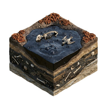 Isometric cross-section revealing ancient tar pit trapping fossilized animal remains in geological layers