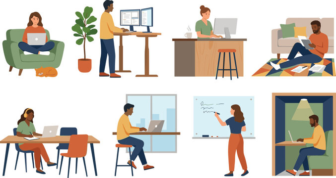 Remote Work and Modern Office Lifestyle Collection with Freelancers, Online Collaboration, and Digital Workspace Vector Illustration Designs
