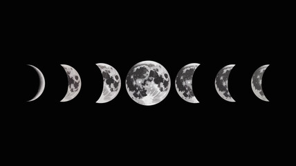 phases of the moon lunar cycle illustration with detailed craters on a black background © Roxxxxxxxxx