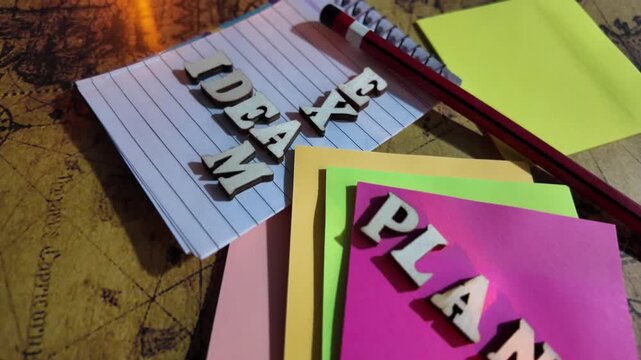 Wooden letters spell 'IDEAS' on a striped notebook with colorful sticky notes and a pencil.