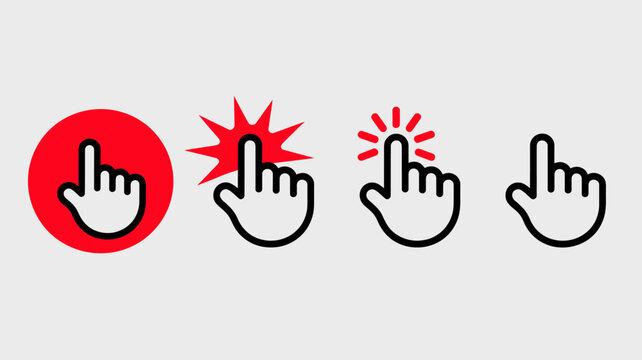 hand cursor icons set featuring pointing finger with red circle click and selection styles