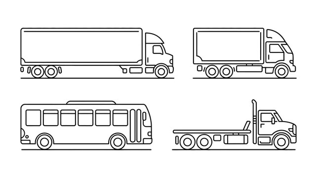 line drawing of four different vehicles including a truck bus and semi trailer on a white background