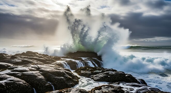 Powerful ocean waves crash dramatically against rocky shore under dramatic sky