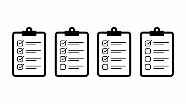 clipboard with checklist icons in four variations black and white line art