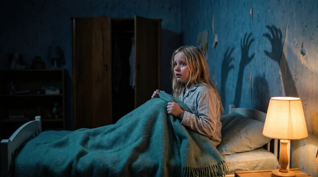 Scared little girl haunted by shadowy figures