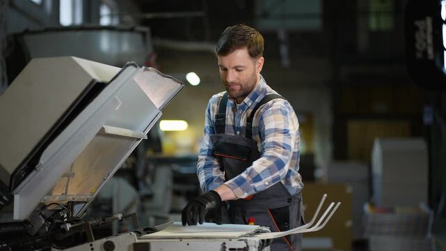 Printing house worker operating industrial offset machine