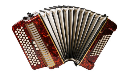 Fototapeta premium Red marbled accordion with white keys and bellows, isolated on transparent background