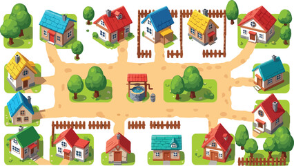 Naklejka premium Isometric village map vector, cartoon neighborhood with small houses and trees, rural town landscape game assets set