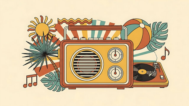 Retro summer radio and vinyl record isolated on a transparent background