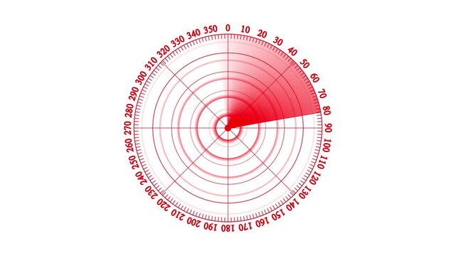 Circular radar screen display with rotating red sweep and numerical markers