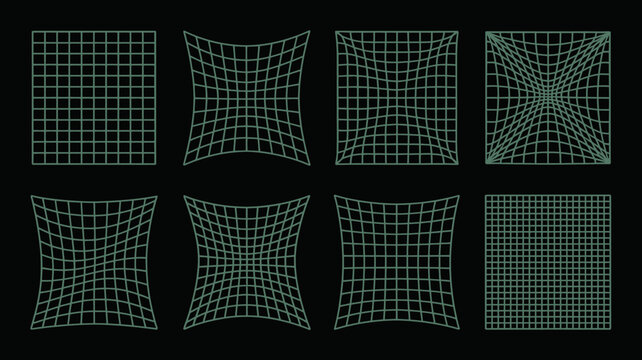 Optical illusion grid patterns series of distorted square designs on a black background