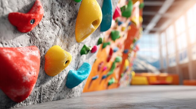 Indoor climbing wall with colorful climbing hold grips and textured surface