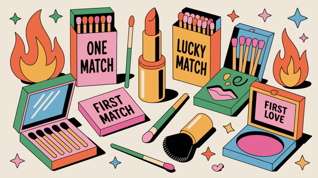 Colorful illustration of makeup and matchboxes with flames whimsical cosmetic arrangement