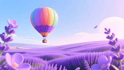 Fototapeta premium Dreamy scenery illustration of a hot air balloon in a lavender flower sea