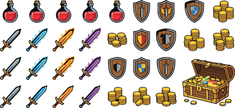 Fantasy RPG game icons set, medieval loot vector collection with swords and shields, gold coins and treasure chest