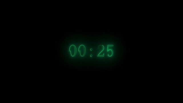 Green neon digital countdown timer displaying 00:26 in the dark light glowing