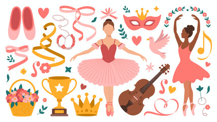 ballet illustration with dancer pointe shoes and musical instruments on a white background © Roxxxxxxxxx