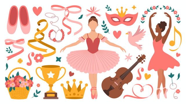 ballet illustration with dancer pointe shoes and musical instruments on a white background