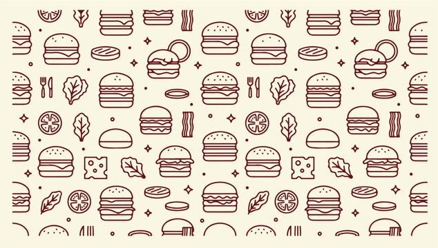 Burger and Fast Food Ingredients Seamless Vector Pattern: Line Art Illustration Background with Cheeseburgers, Lettuce, Bacon, and Cheese for Restaurant Menu and Wrapping Paper Design